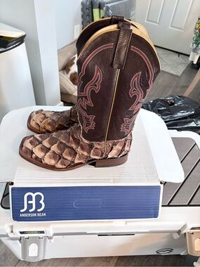Anderson Bean Brown Leather Western Boots with Tan Scale Toe